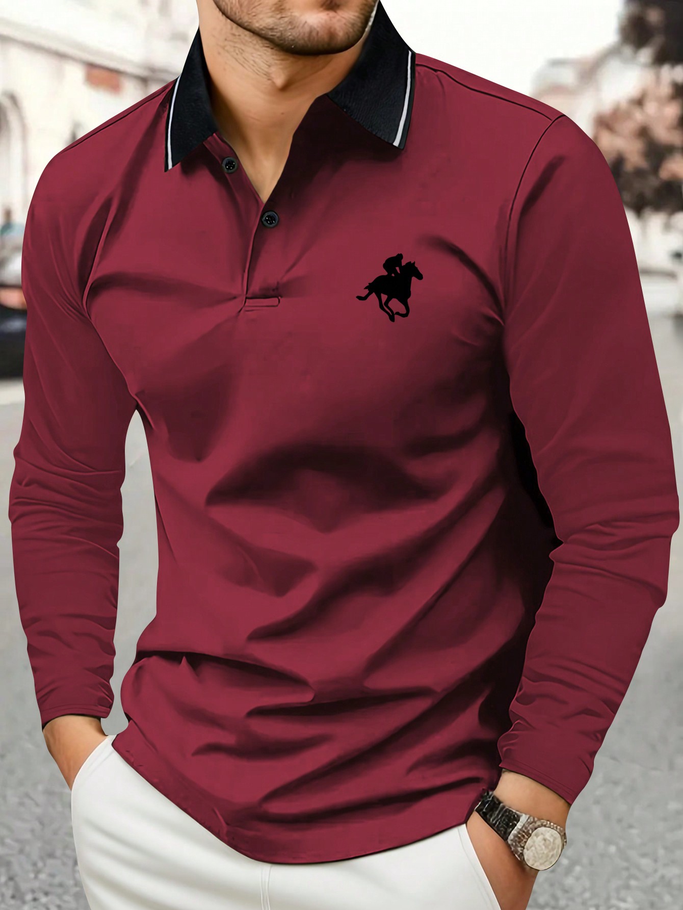Polo Shirt Equestrian - Men's Burgundy Long Sleeve Polo Shirt