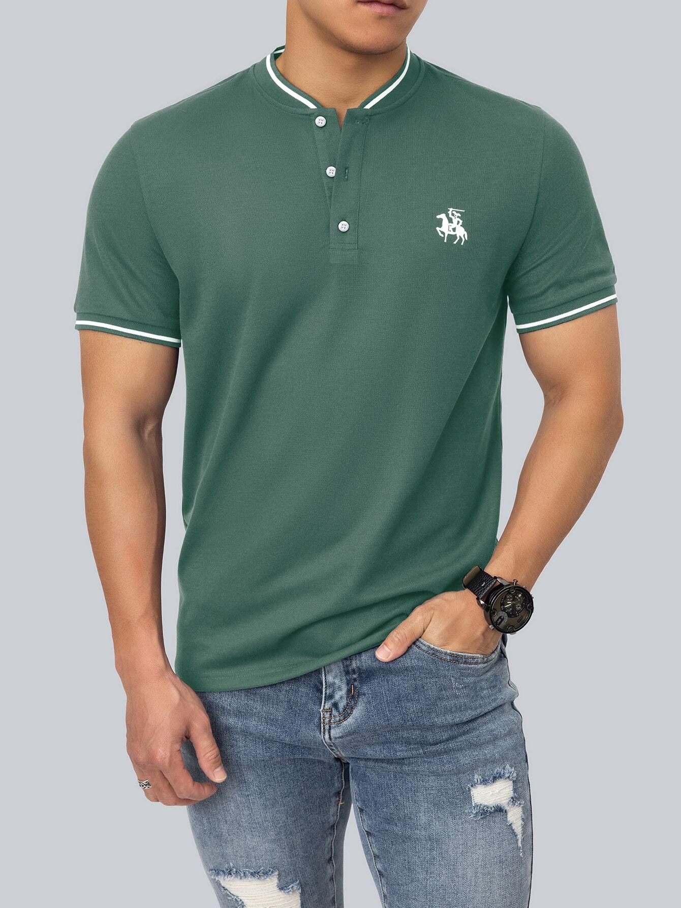 Men's Green Henley Polo Shirt  - Polo Shirt Equestrian ulasan dan harga